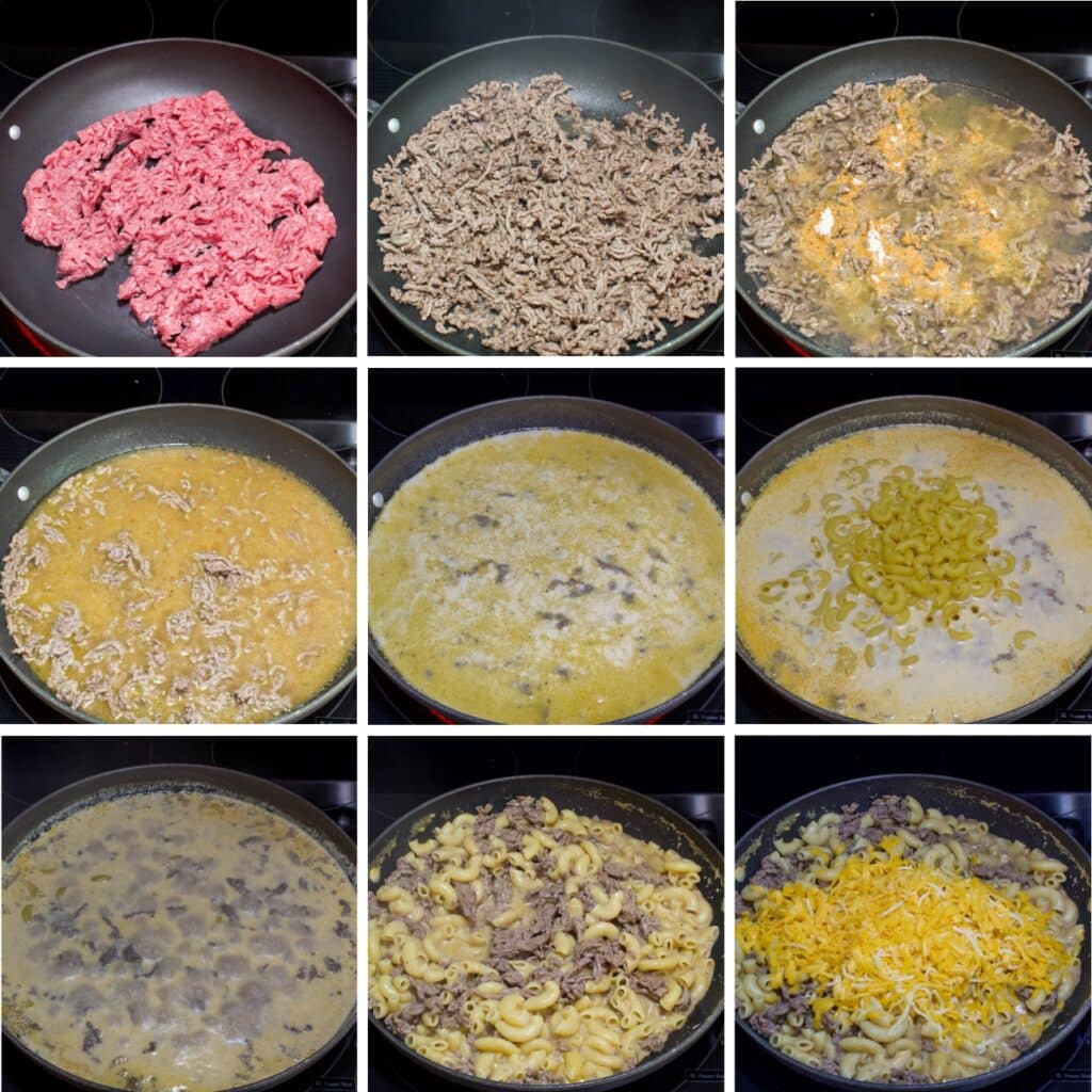 A collage of nine images showing all the steps involved to add the ingredients into the pan.