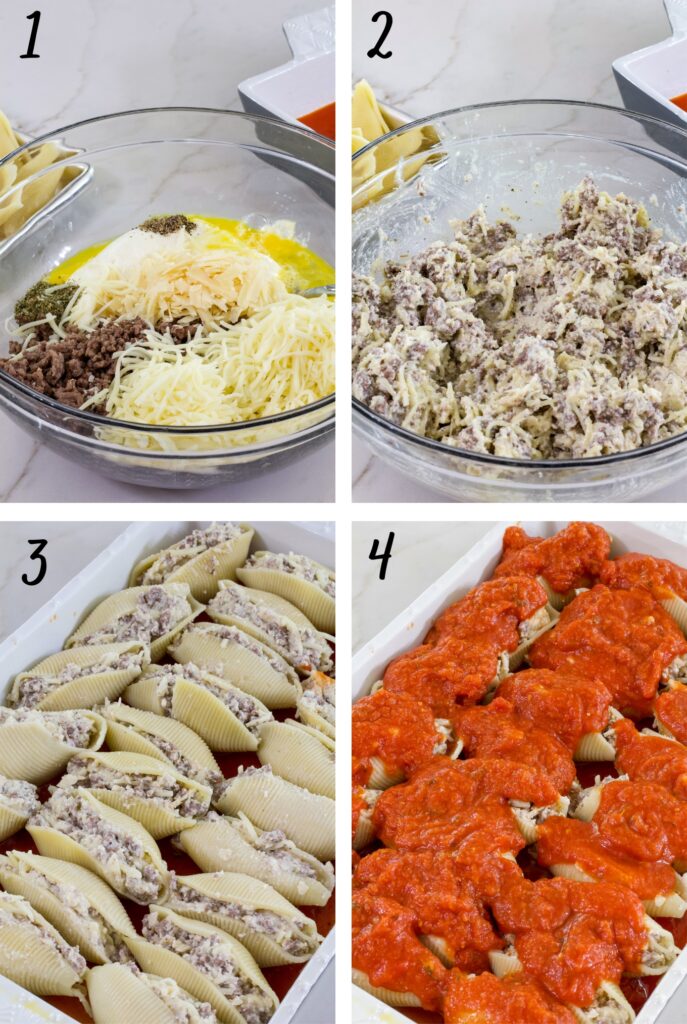 A collage of 4 images showing the cheese mixture before and after mixing and the stuffed shells in a casserole dish without and with sauce on top.