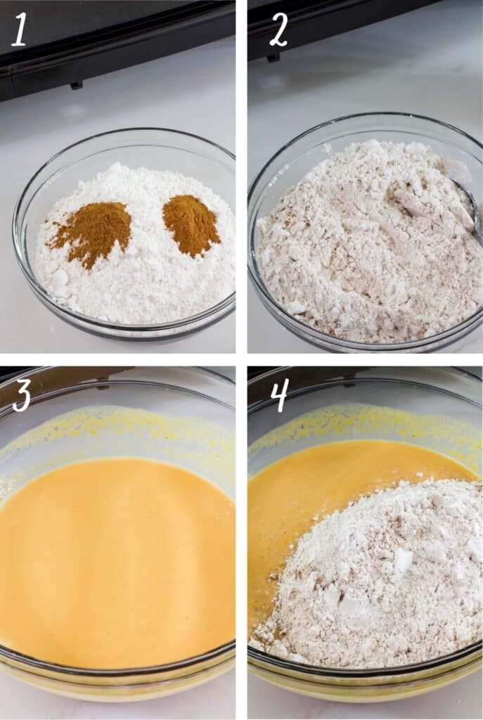 A colllage of 4 images, the dry ingredients before and after being mixed, the wet ingredients, and the wet ingredients with the dry ingredients on top before it has been mixed.