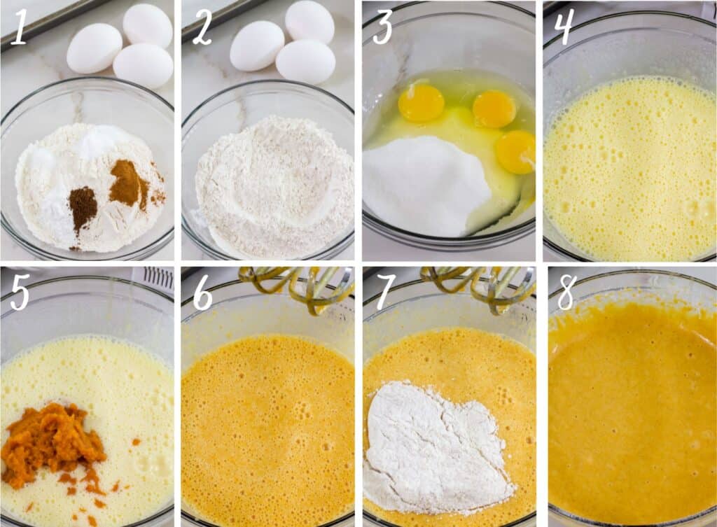 A collage of eight images showing the different stages of the cake batter being made.