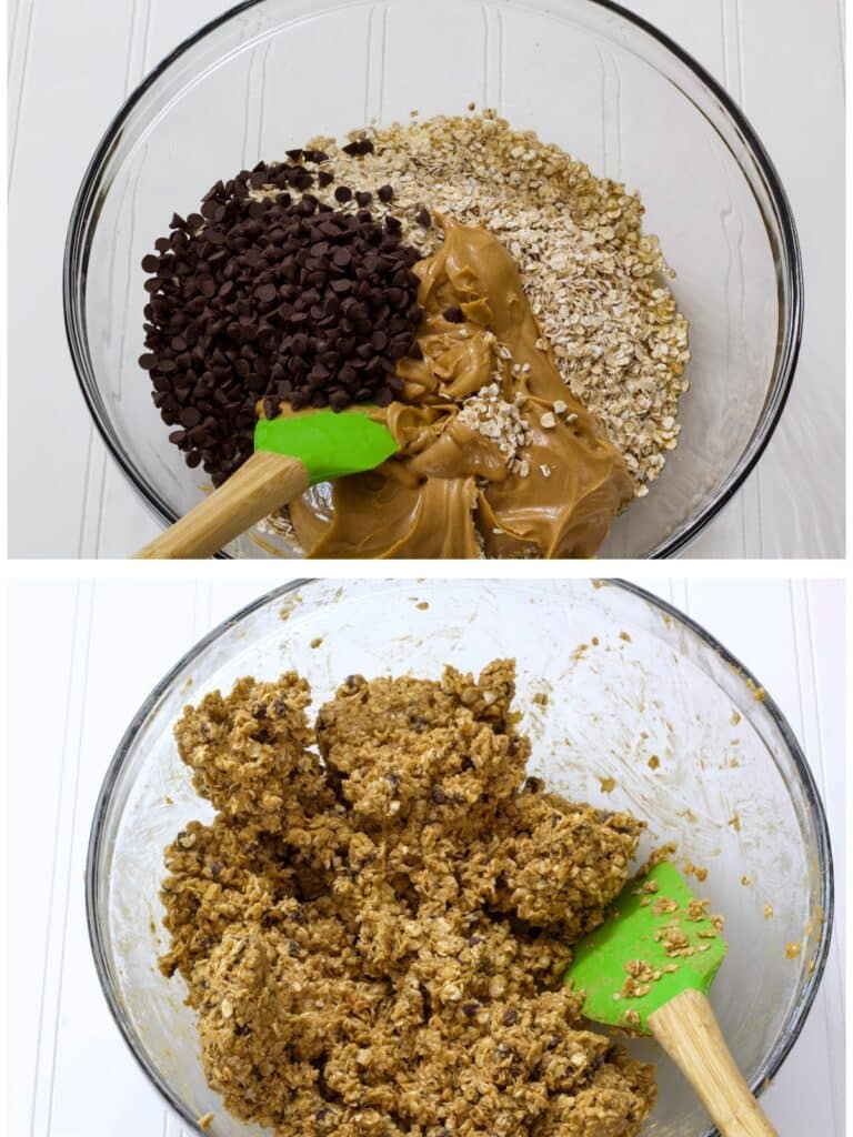 Two images of the ingredients in a bowl, not mixed and mixed.