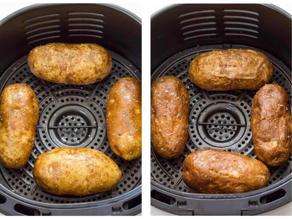 Side by side images of four potatoes in the air fryer basket, before and after being air fried.