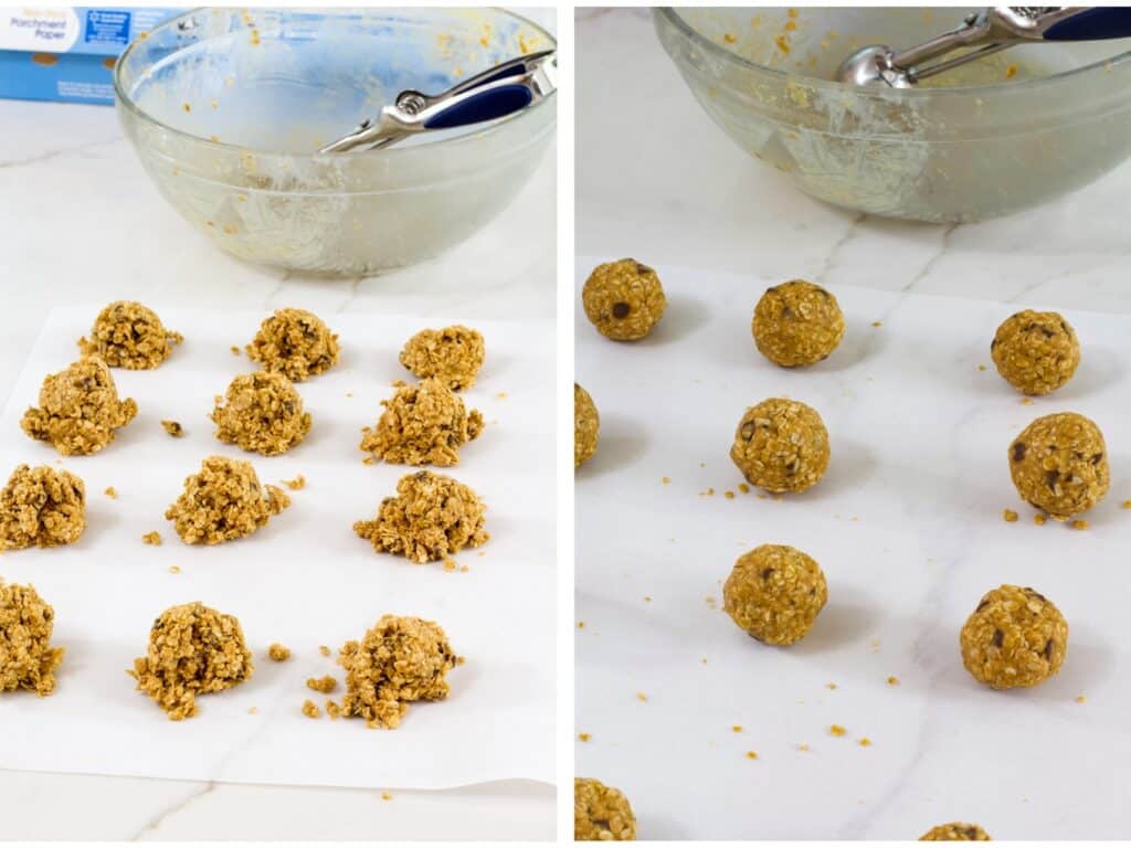 The energy bites portioned out on the left and formed into balls on the right.