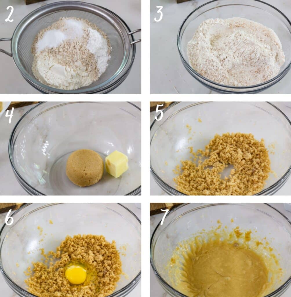 A collage of six images showing the stages of making the batter.