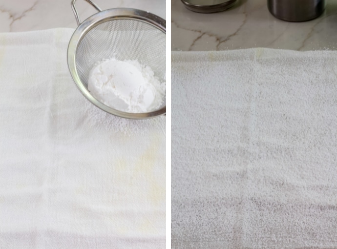 Side by side images of the tea towel before and after being sprinkled with powdered sugar.