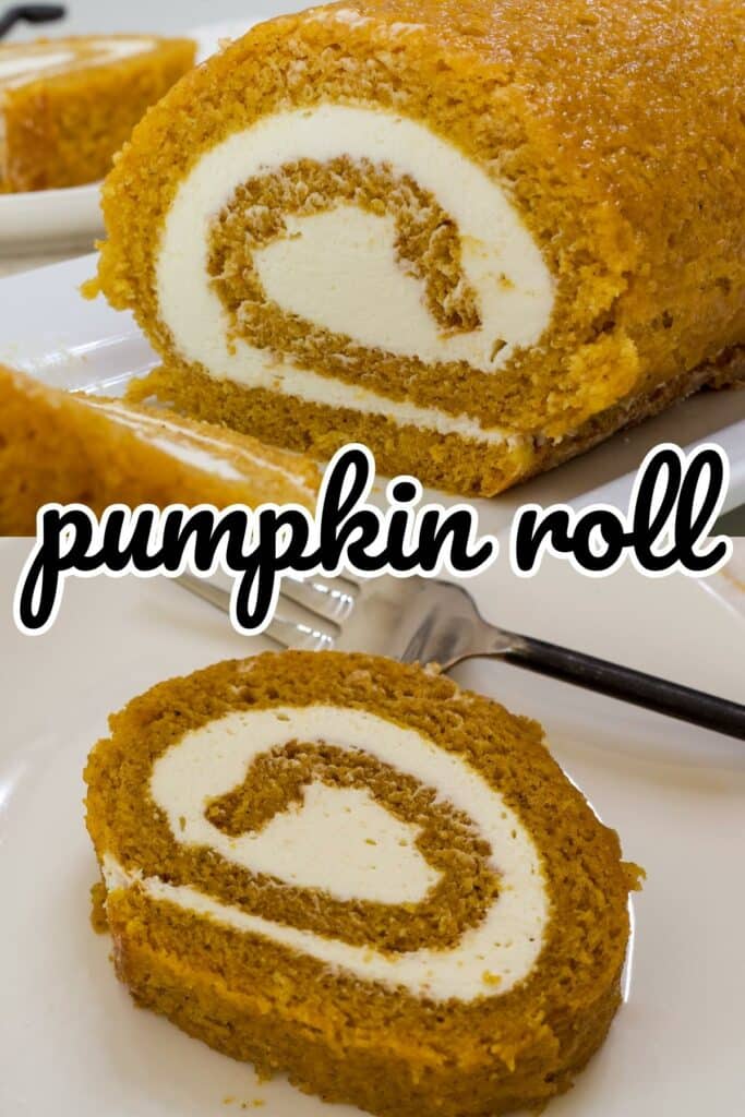 An image of Libby's pumpkin roll with the recipe title in the center so it can be pinned on Pinterest.