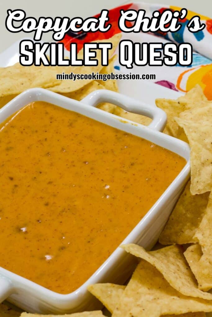 A bowl of queso surrounded by tortilla chips, the recipe title is at the top in text.