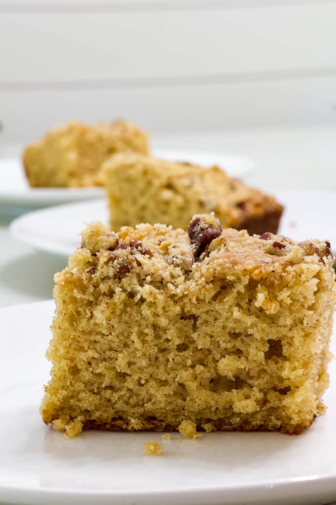 Close up side view of one piece of Cowboy Coffee Cake (buttermilk coffeecake).