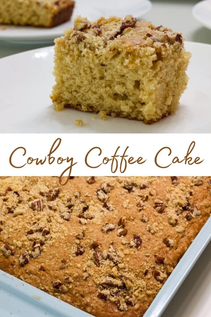A piece of cake in the top image and the whole cake in the pan in the lower image, the words cowboy coffee cake is written in between the images.