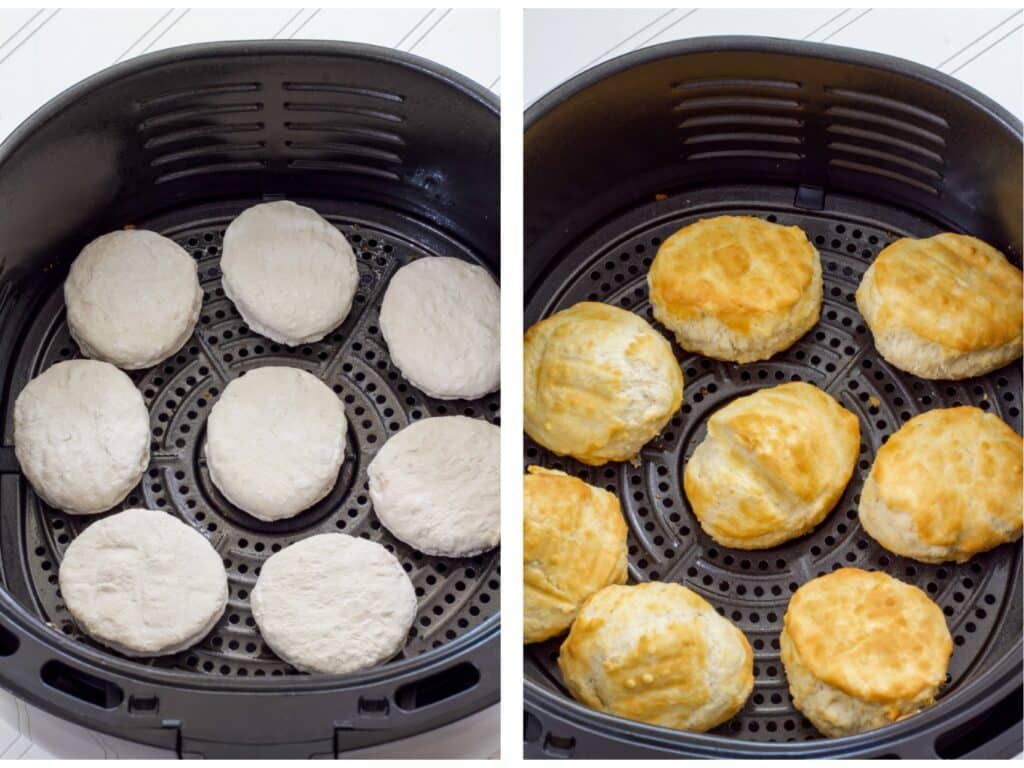 Side by side images of eight biscuits in the air fryer basket, uncooked on the left and cooked on the right.