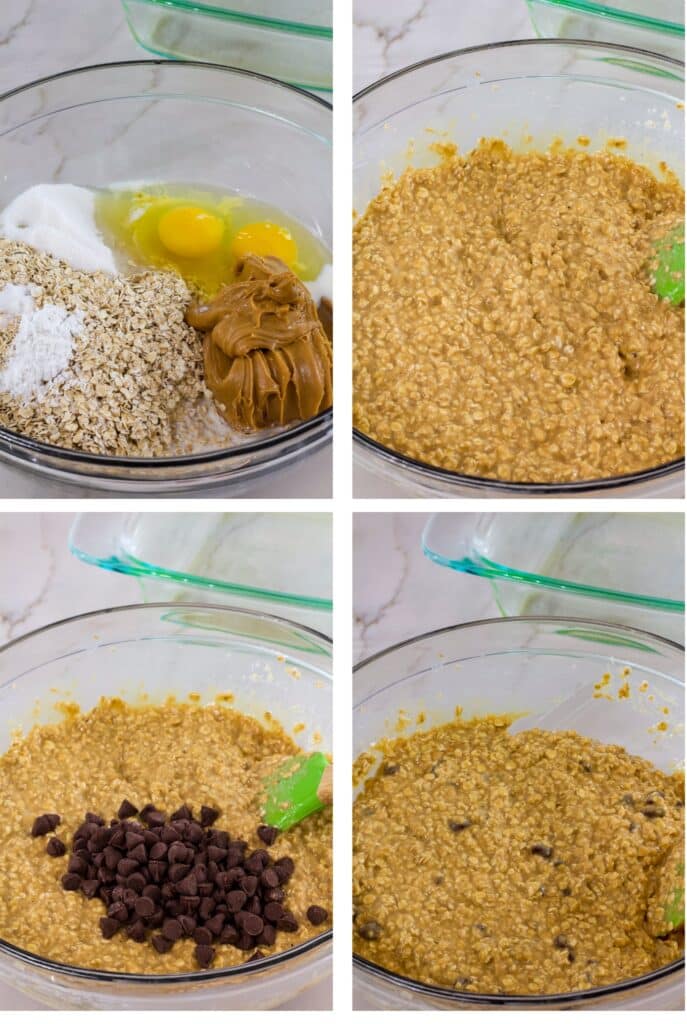 A collage of 4 images showing the different stages of the ingredients being mixed in a large mixing bowl.