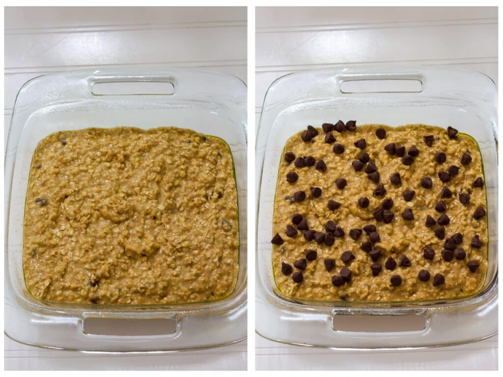 Side by side images of the ingredients in a casserole dish ready to be baked, without chocolate chips on the left and with chocolate chips on the right.