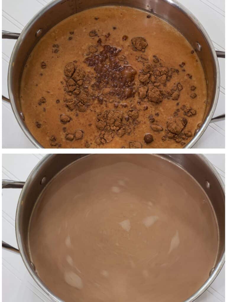 A collage of two images of the ingredients for chocolate coffee recipe in a large pot, before being mixed on the top and after being mixed on the bottom.