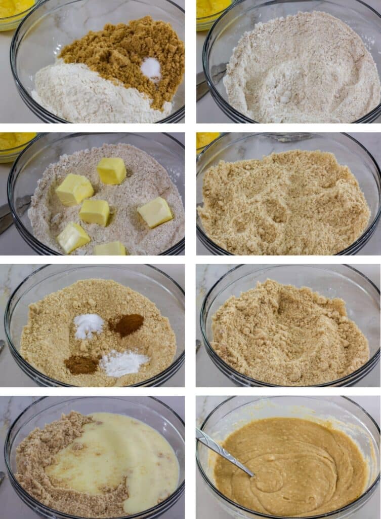 A collage of eight images showing the different stages of the cake batter being made.