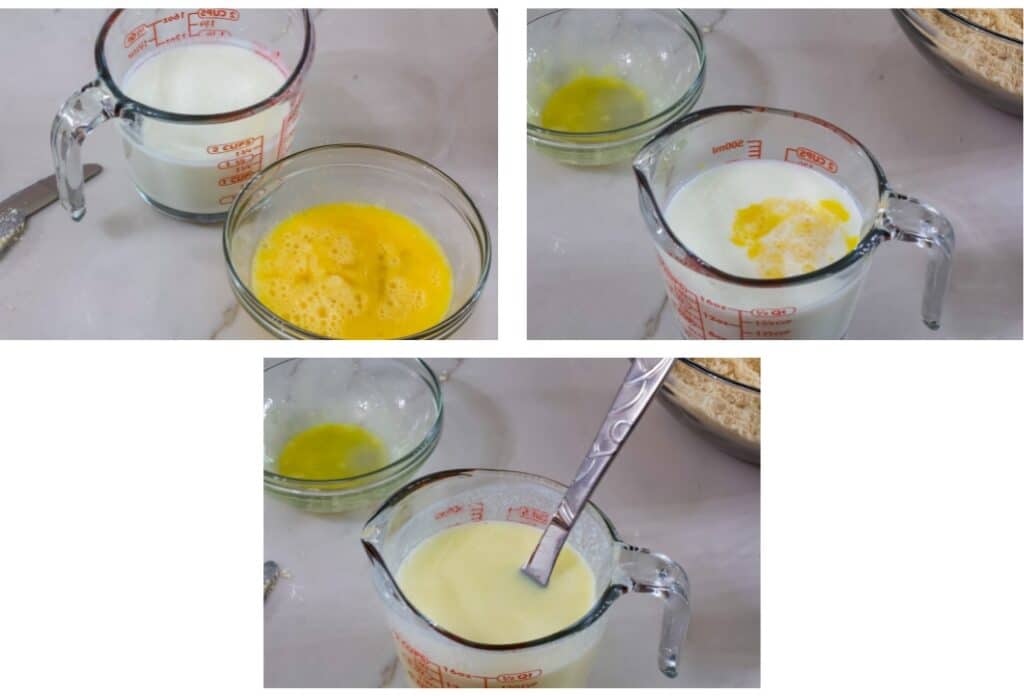 A collage of three images showing the beaten eggs and the eggs in the milk before and after being mixed,