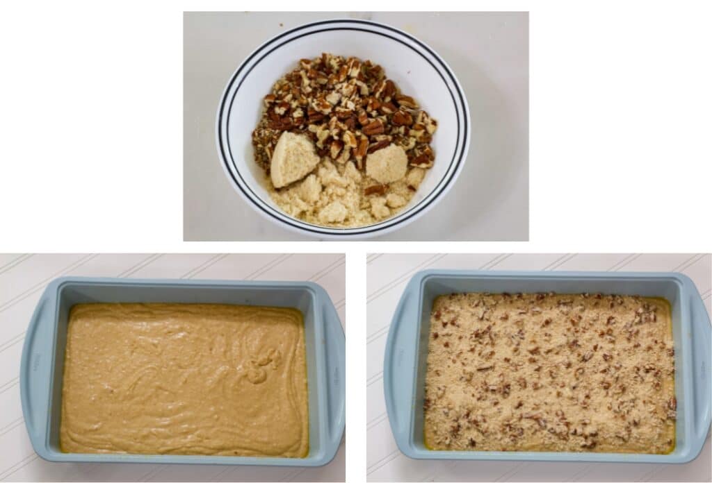 One image showing the reserved cake mix and the nuts in a bowl and the cake batter in the cake pan before and after the topping was added.