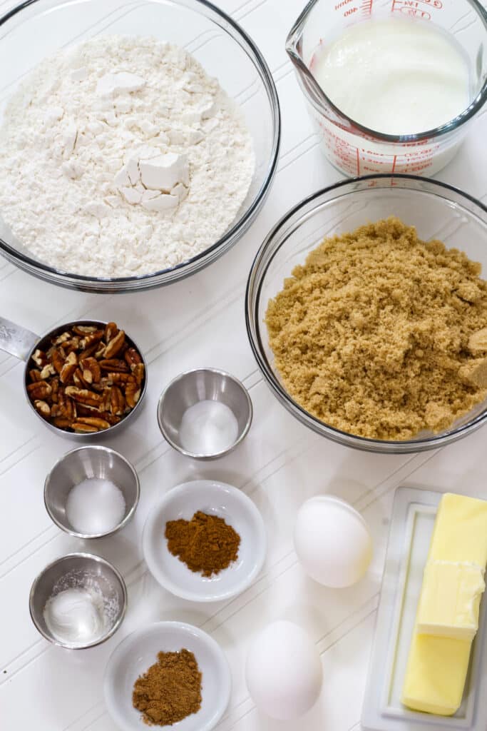 All of the ingredients measured out to make the Cowboy Coffee Cake Recipe (buttermilk coffeecake).