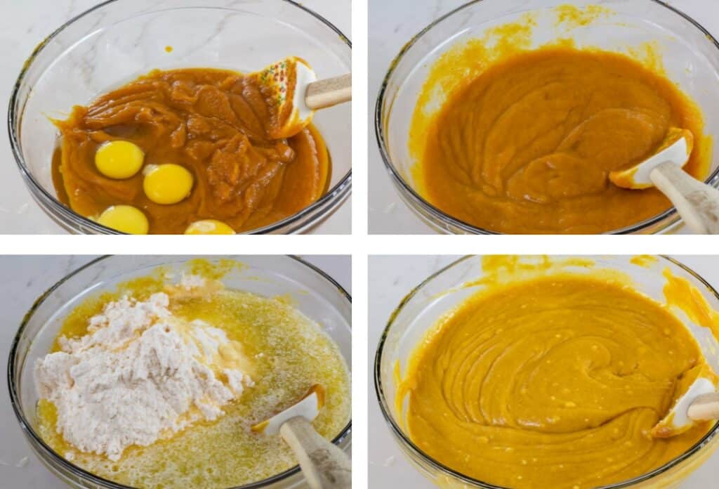 A collage of 4 images showing the stages of the pumpkin pie cake batter being mixed.