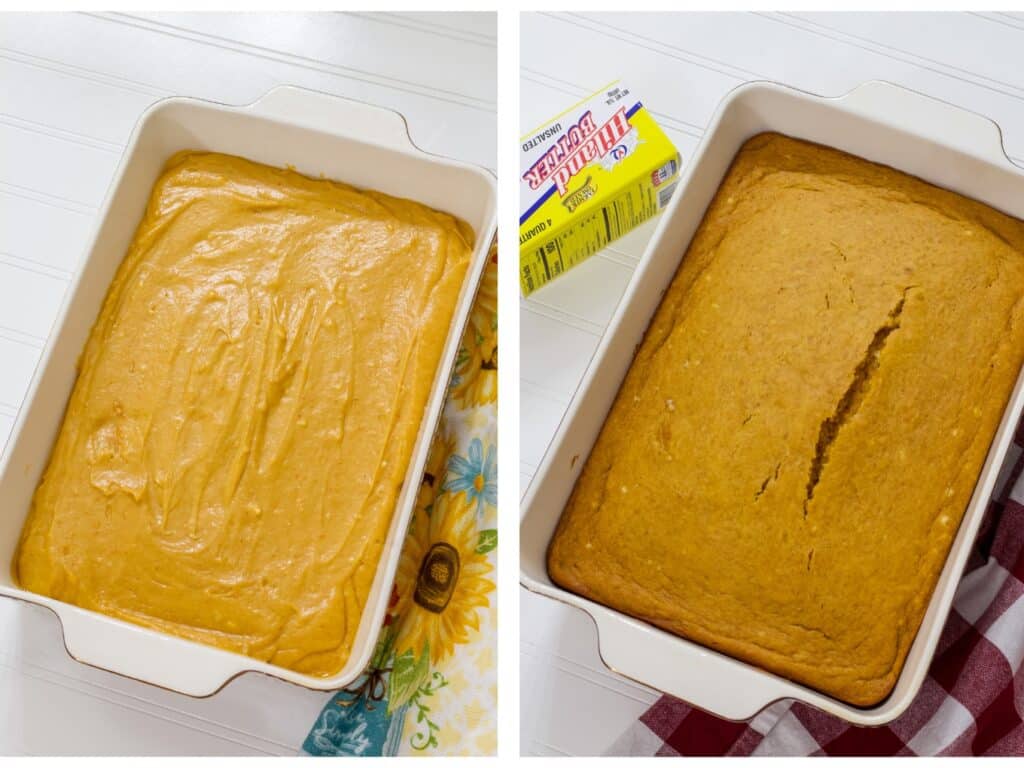 Side by side images of the cake batter in the pan on the left and the baked cake on the right.
