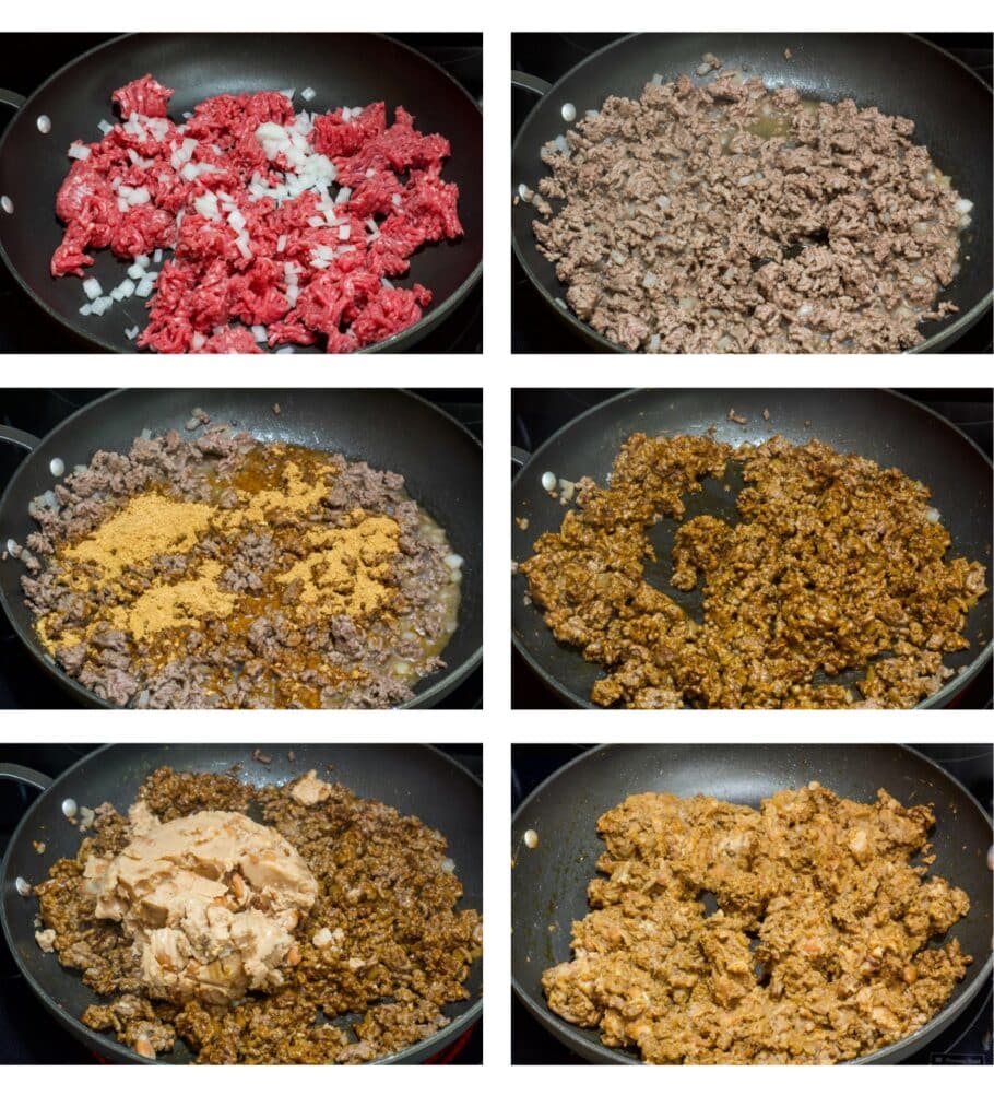 A collage of six photos showing the meat being cooked and the beans being added into the skillet.