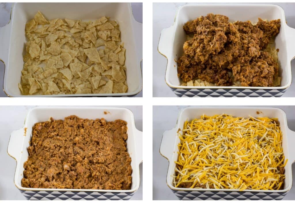 A collage of 4 pictures showing the layers in the casserole dish before it is baked.