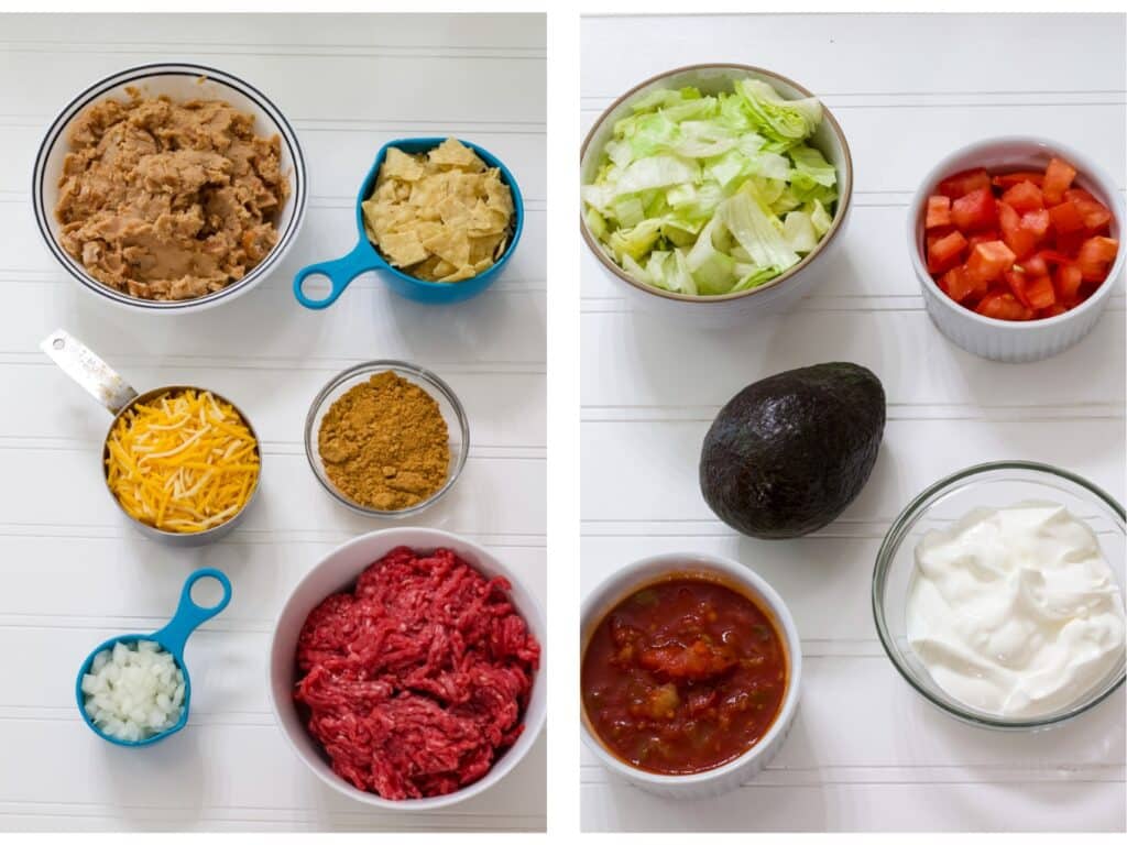 The left image has all the ingredients for the taco salad casserole and the right image has all the toppings we put on the baked casserole.
