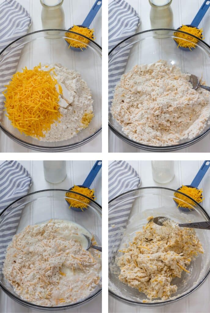 A collage of 4 images showing the 4 steps to mix the biscuit dough together.