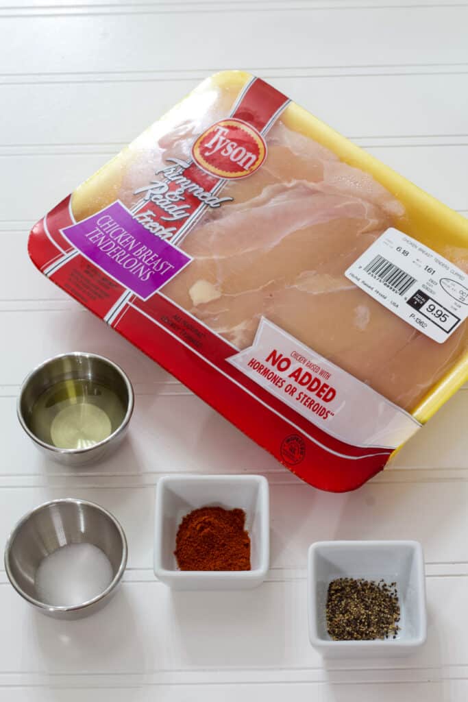 All if the ingredients measured out to make Pan Fried Chicken Tenders (easy stovetop recipe).