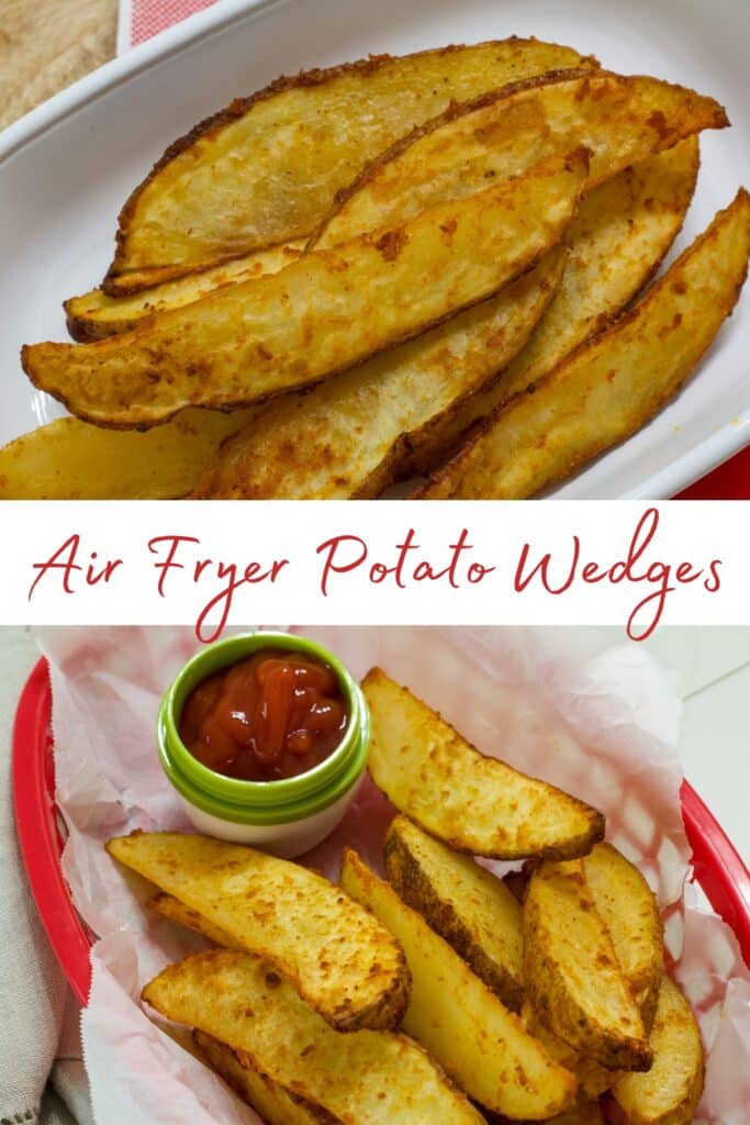 Potato wedges on a plate at the top, potato wedges in a basked on the bottom and the recipe title in text in the middle.