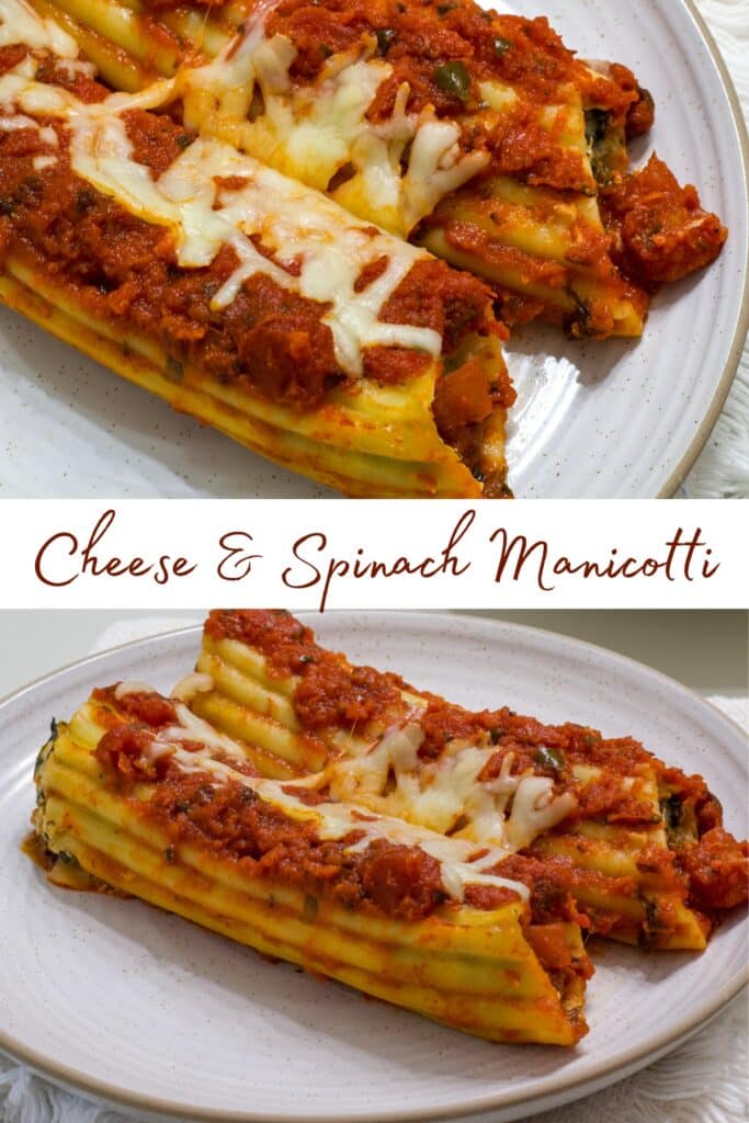AA close up of two manicotti on the top and a different image of two manicotti on a plate on the bottom and the recipe title in text in between them.
