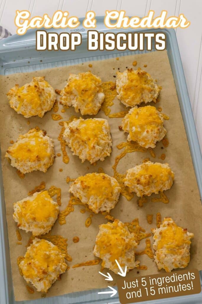 A baking tray with a dozen baked biscuits on it, the post recipe title is at the top.