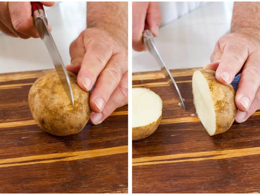 A potato being cut in half on the left and a potato already cut in half on the right.