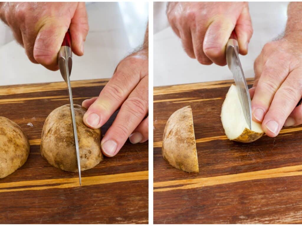 Half a potato being cut in half on the left and a quarter of a potato being cut into thirds on the right.
