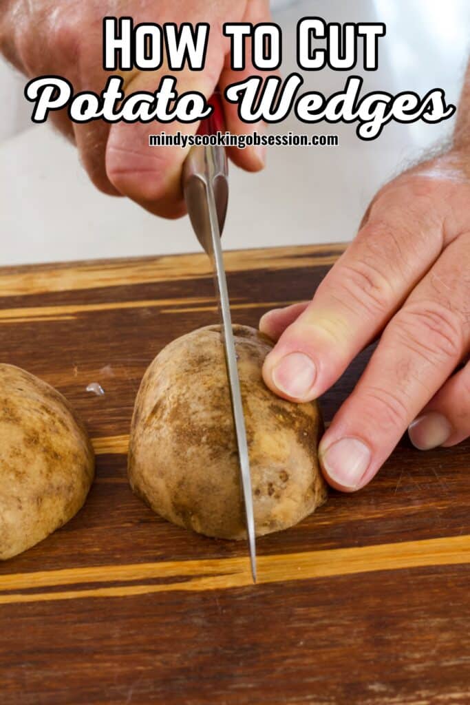 Half of a potato being cut in half with the post title in text at the top of the image.