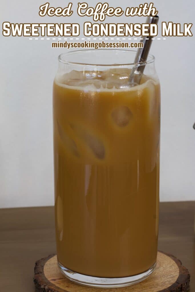 One tall glass of iced coffee and the recipe title is in text at the top.