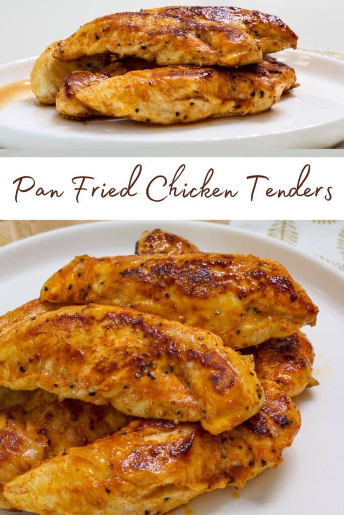 The side view of several chicken tenders in the top image and an overhead view of several chicken tenders in the bottom image, the recipe title is in text in between them.