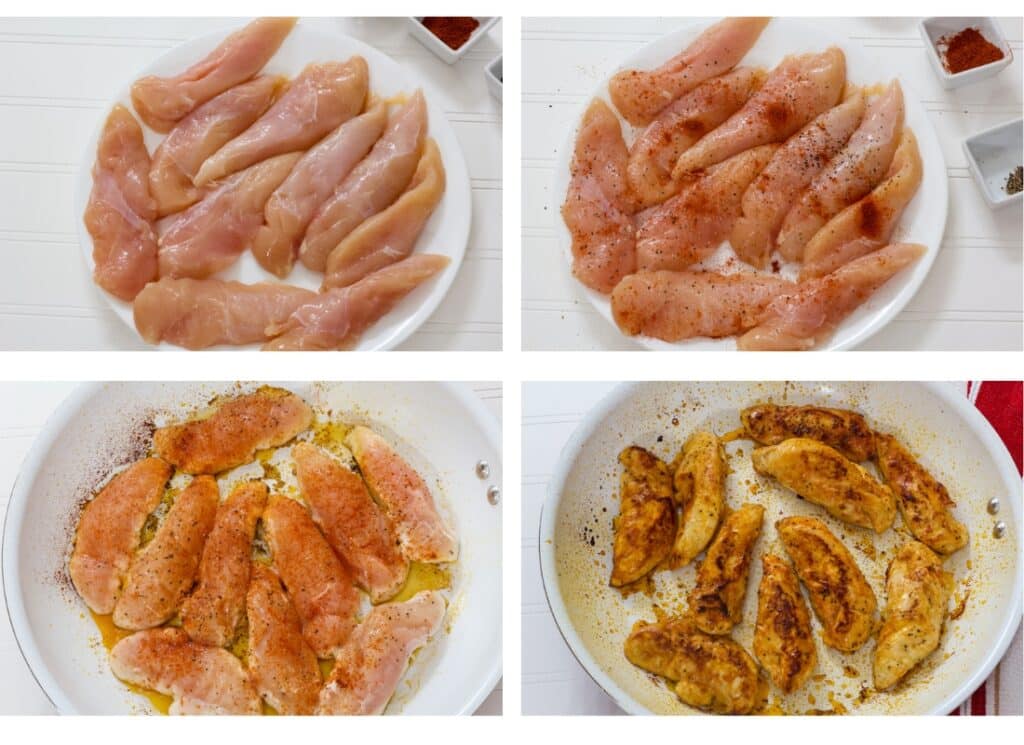 A collage of 4 images showing the chicken unseasoned, seasoned, in the pan with one side cooked and in the pan flipped over where the cooked side is up.
