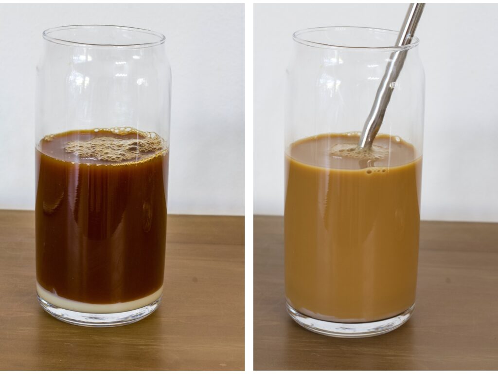 Side by side images of the coffee and sweetened condensed milk in a glass, not mixed on the left and mixed on the right.