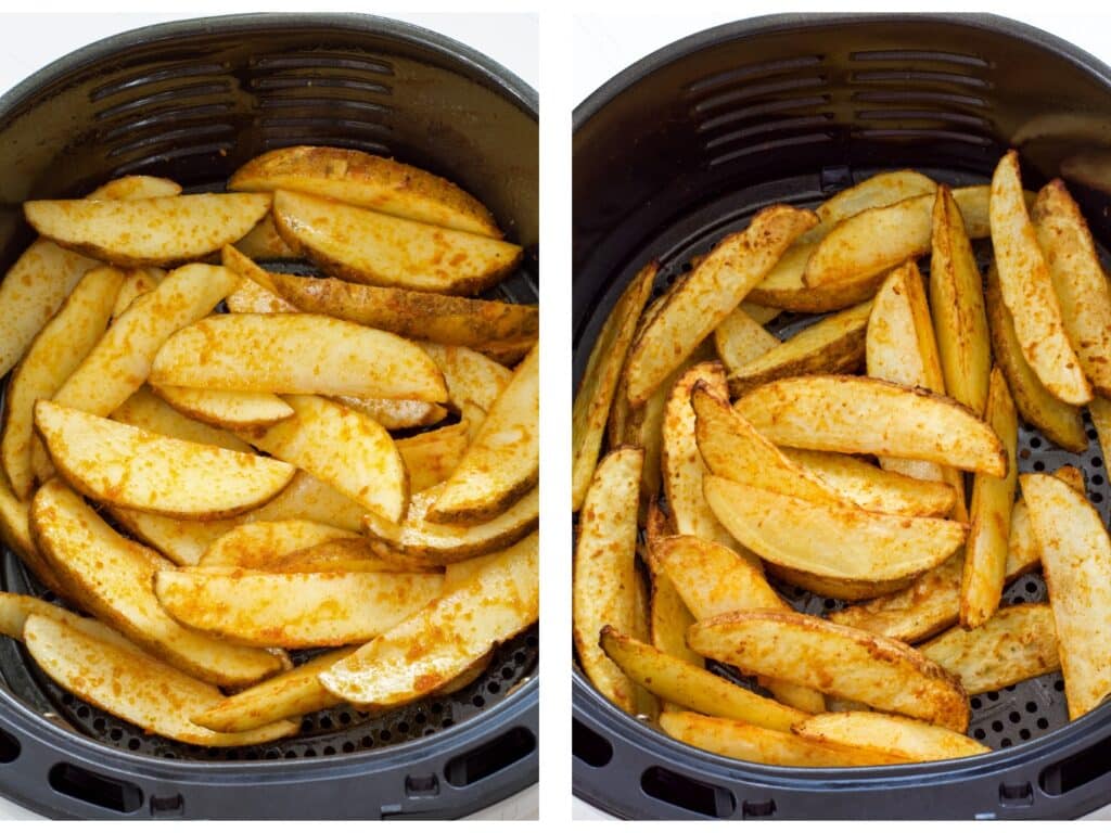 Uncooked potato wedges in the air fryer basket on the left and cooked on the right.