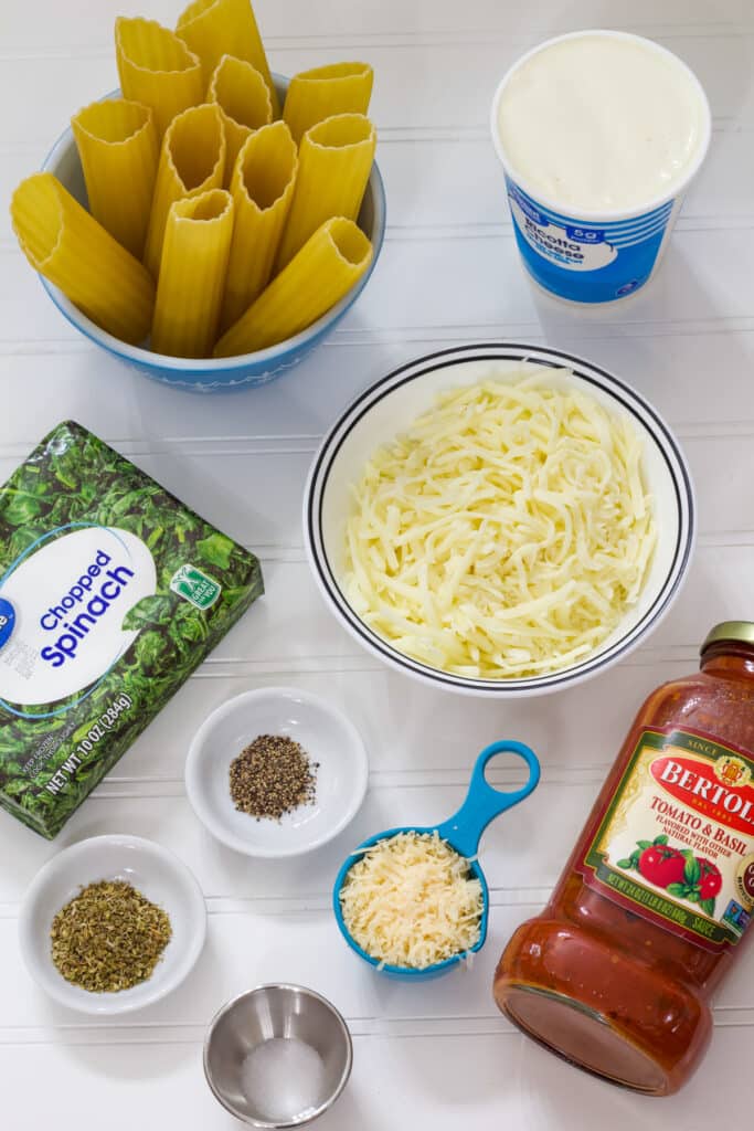All of the ingredients measured out to make the Easy Cheese & Spinach Stuffed Manicotti Recipe.