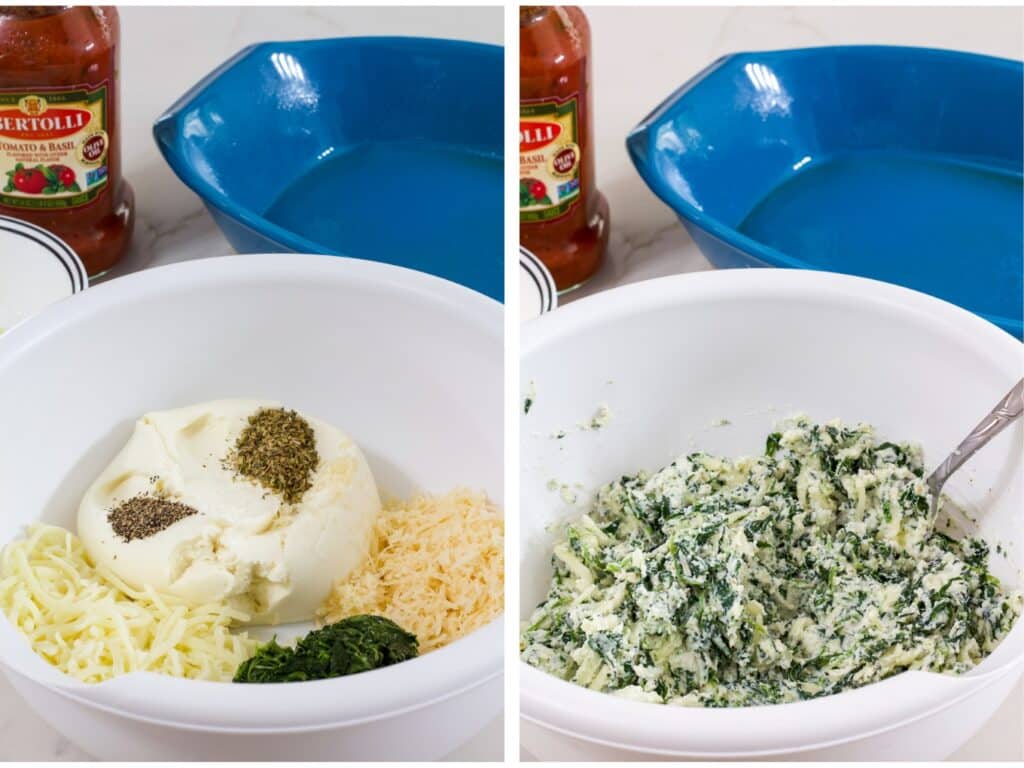 Side by side images of the ricotta filling in a large mixing bowl, before being mixed on the left and after being mixed on the right.