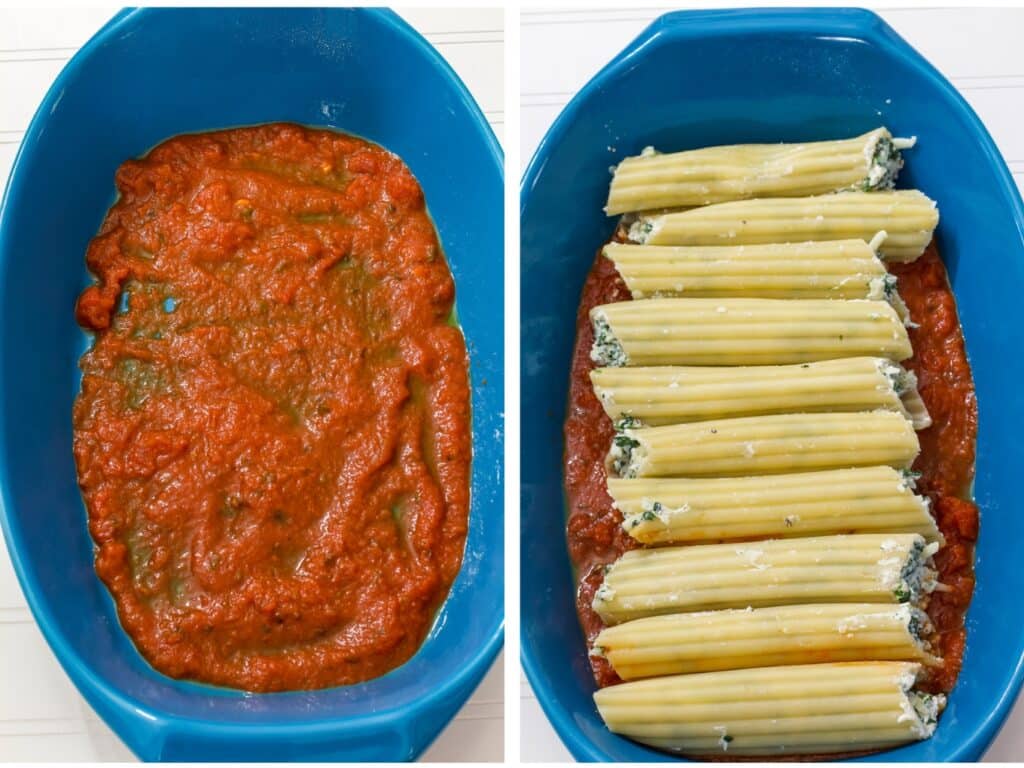 The baking dish with marinara sauce on the bottom in the left image and the manicotti added to the dish in the right image.