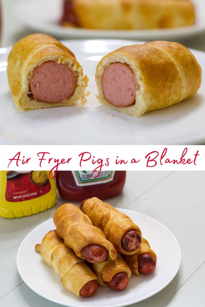 One pig in a blanket that has been cut on the top and a plate full of them on the bottom, the recipe title is in the middle.