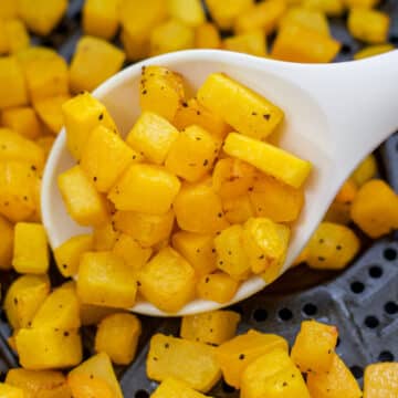 The feature image; a spoonful of cooked air fryer butternut squash.