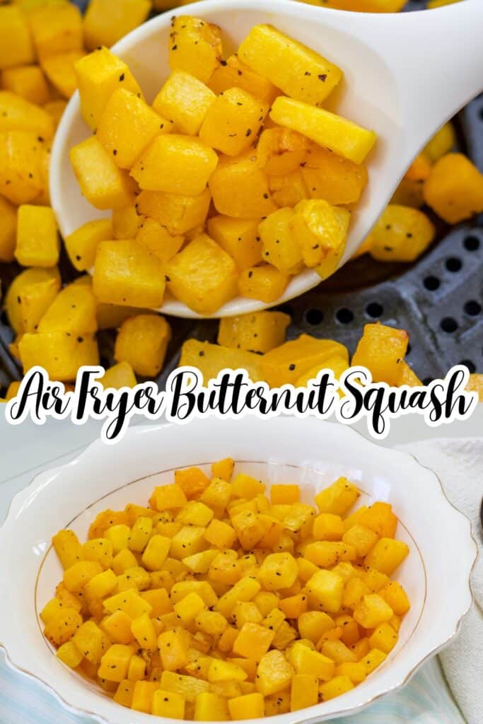 A spoonful of cooked butternut squash on the top and the bowl full on the bottom, the recipe title is in text in them middle.