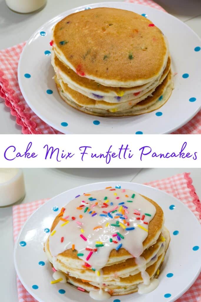Funfetti pancakes without topping on the top and with vanilla icing on the bottom, the recipe title is in purple text in the center.