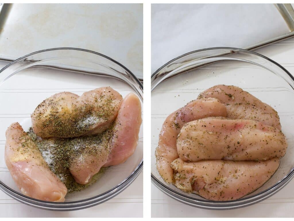 The chicken, olive oil and seasonings in a bowl, not mixed on the left and mixed on the right.