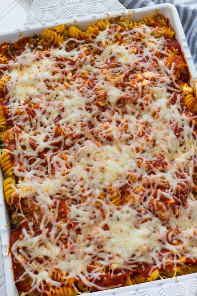 The entire baked Quick and Easy Homemade Lasagna Casserole in a casserole dish.