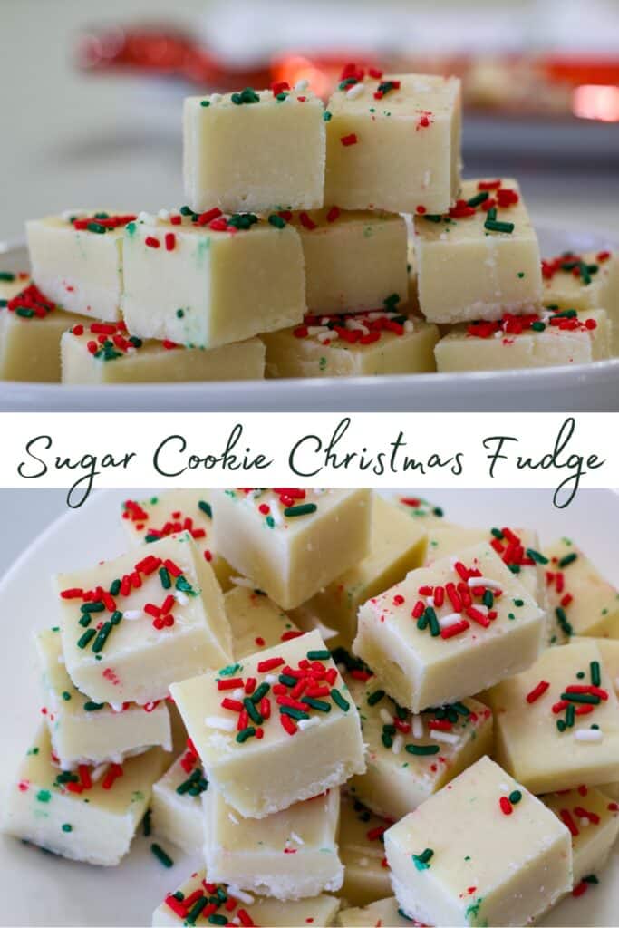 Side view of fudge on a plate on the top and top view on the bottom. The recipe title is in text in the middle.