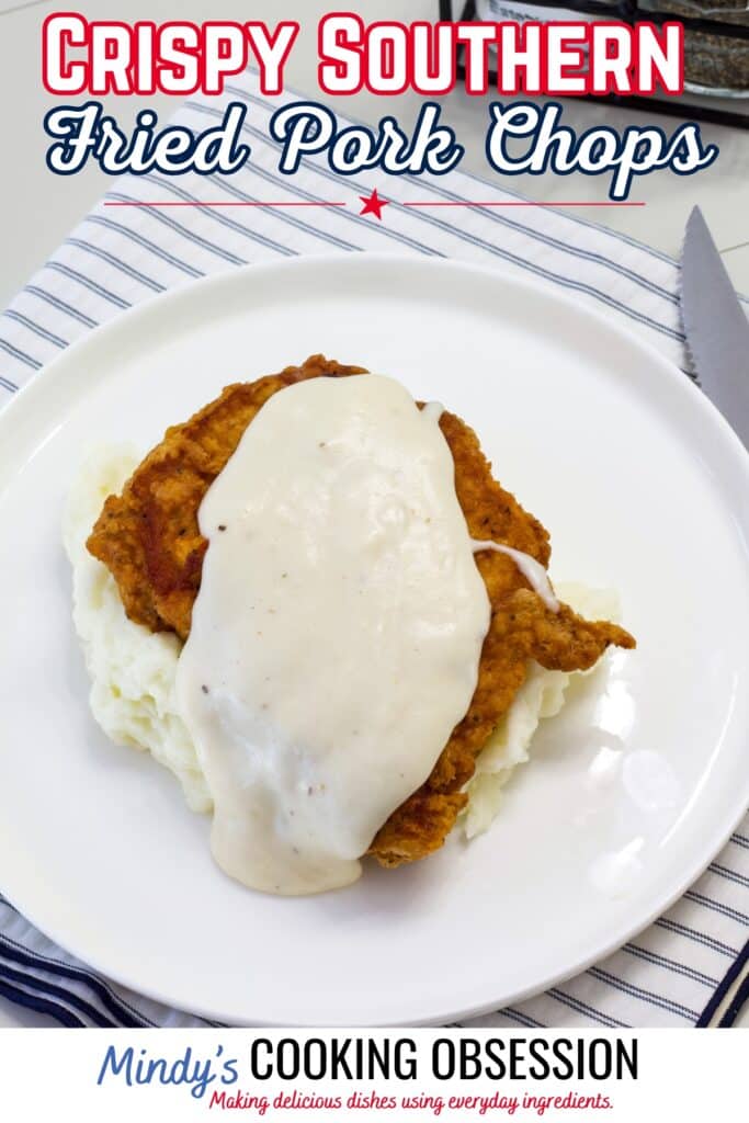 One The Best Crispy Southern Fried Pork Chop on a plate, the recipe title is in text at the top of the image.